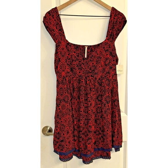NWT Free People Tabitha Mini Dress Black Combo Red Sze Women Large Casual Eyelet - Picture 3 of 14